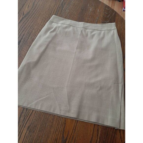 Size 12 Merona Khaki Tan Brown Plaid Lined Midi Skirt with Side Slits Side Zip - Picture 1 of 6